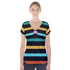 Colorful Mime Black Stripes Short Sleeve Front Detail Top by tmsartbazaar
