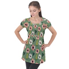 Flower Green Pink Pattern Floral Puff Sleeve Tunic Top