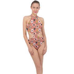 Flower Pink Brown Pattern Floral Halter Side Cut Swimsuit by Alisyart