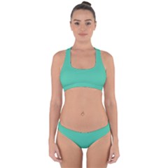 True Biscay Green Solid Color Cross Back Hipster Bikini Set by SpinnyChairDesigns