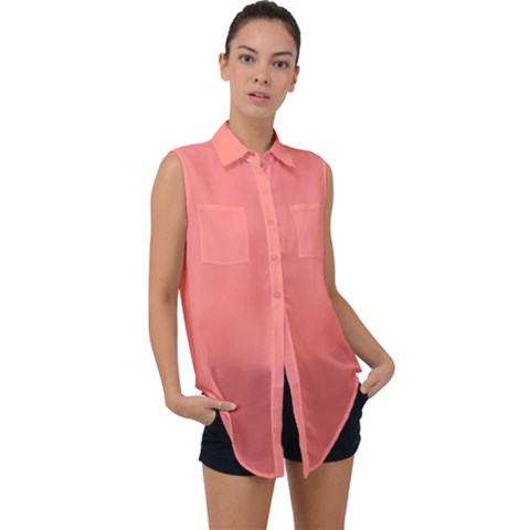 True Coral Pink Color Sleeveless Chiffon Button Shirt by SpinnyChairDesigns
