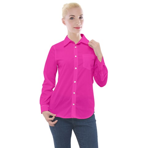 Neon Pink Color Women s Long Sleeve Pocket Shirt by SpinnyChairDesigns