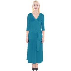 True Teal Blue Color Quarter Sleeve Wrap Maxi Dress by SpinnyChairDesigns