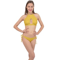 Saffron Yellow Color Polka Dots Cross Front Halter Bikini Set by SpinnyChairDesigns