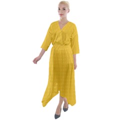 Saffron Yellow Color Polka Dots Quarter Sleeve Wrap Front Maxi Dress by SpinnyChairDesigns