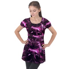 Black Magenta Abstract Art Puff Sleeve Tunic Top by SpinnyChairDesigns