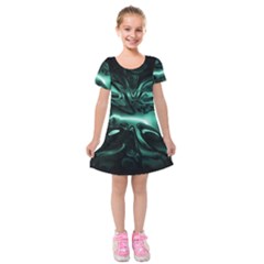 Biscay Green Black Abstract Art Kids  Short Sleeve Velvet Dress by SpinnyChairDesigns
