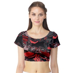 Red Black Grey Abstract Art Short Sleeve Crop Top by SpinnyChairDesigns