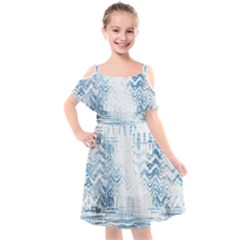 Boho Faded Blue Denim White Batik Kids  Cut Out Shoulders Chiffon Dress by SpinnyChairDesigns