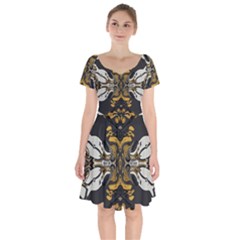 Boho Black Gold Color Short Sleeve Bardot Dress by SpinnyChairDesigns