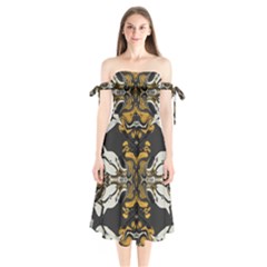 Boho Black Gold Color Shoulder Tie Bardot Midi Dress by SpinnyChairDesigns