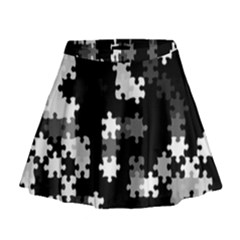 Black And White Jigsaw Puzzle Pattern Mini Flare Skirt by SpinnyChairDesigns