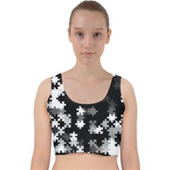 Black And White Jigsaw Puzzle Pattern Velvet Racer Back Crop Top by SpinnyChairDesigns