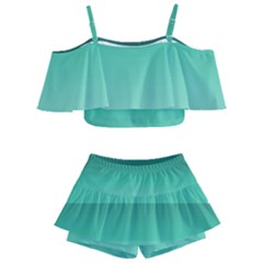 Biscay Green Gradient Ombre Kids  Off Shoulder Skirt Bikini by SpinnyChairDesigns