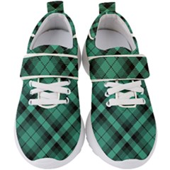 Biscay Green Black Plaid Kids  Velcro Strap Shoes by SpinnyChairDesigns