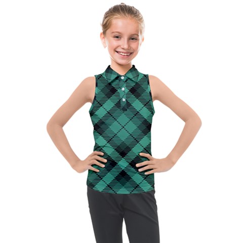 Biscay Green Black Plaid Kids  Sleeveless Polo Tee by SpinnyChairDesigns