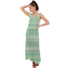 Boho Biscay Green Pattern V-neck Chiffon Maxi Dress by SpinnyChairDesigns