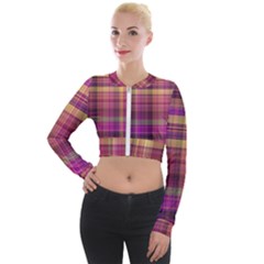 Magenta Gold Madras Plaid Long Sleeve Cropped Velvet Jacket by SpinnyChairDesigns
