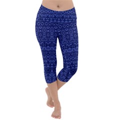 Boho Navy Blue  Lightweight Velour Capri Yoga Leggings by SpinnyChairDesigns
