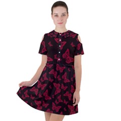 Red And Black Butterflies Short Sleeve Shoulder Cut Out Dress  by SpinnyChairDesigns