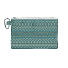 Boho Teal Green Stripes Canvas Cosmetic Bag (medium) by SpinnyChairDesigns