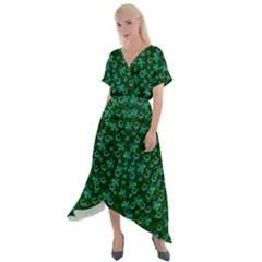 Leaf Forest And Blue Flowers In Peace Cross Front Sharkbite Hem Maxi Dress by pepitasart