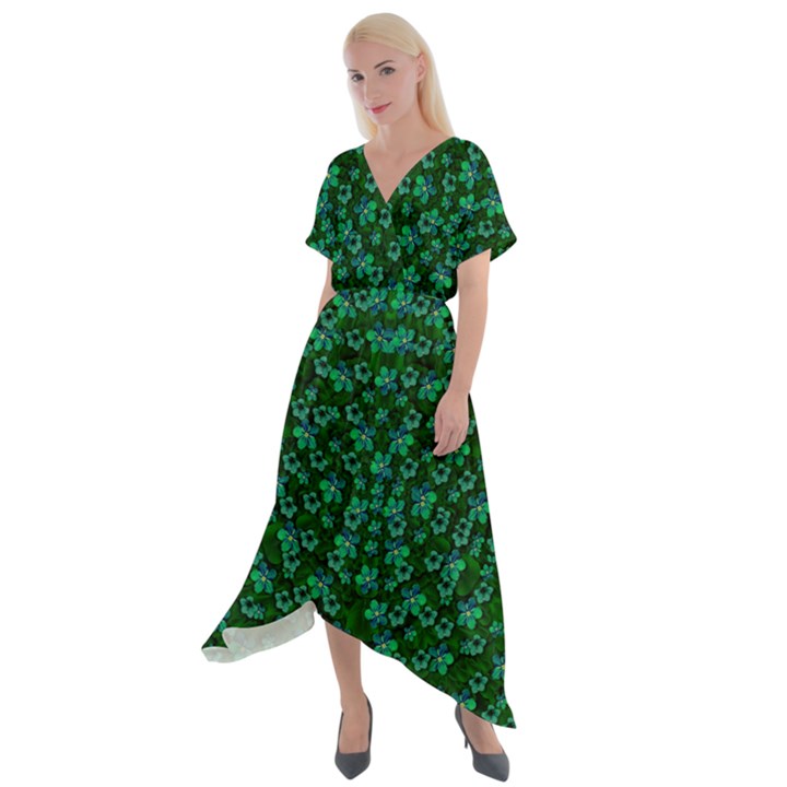 Leaf Forest And Blue Flowers In Peace Cross Front Sharkbite Hem Maxi Dress