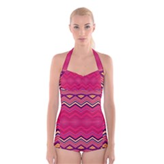Boho Aztec Stripes Rose Pink Boyleg Halter Swimsuit  by SpinnyChairDesigns
