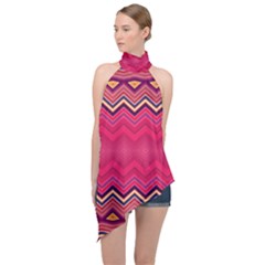 Boho Aztec Stripes Rose Pink Halter Asymmetric Satin Top by SpinnyChairDesigns