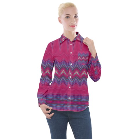 Magenta Blue Stripes Women s Long Sleeve Pocket Shirt by SpinnyChairDesigns