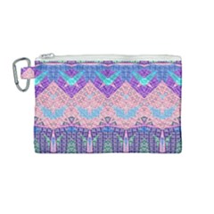 Boho Patchwork Violet Pink Green Canvas Cosmetic Bag (medium) by SpinnyChairDesigns