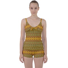 Boho Old Gold Pattern Tie Front Two Piece Tankini by SpinnyChairDesigns
