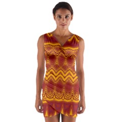 Boho Red Gold Pattern Wrap Front Bodycon Dress by SpinnyChairDesigns