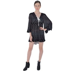 Boho Black Diamonds V-neck Flare Sleeve Mini Dress by SpinnyChairDesigns