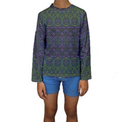 Boho Purple Green Pattern Kids  Long Sleeve Swimwear by SpinnyChairDesigns