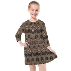 Boho Green Brown Pattern Kids  Quarter Sleeve Shirt Dress by SpinnyChairDesigns