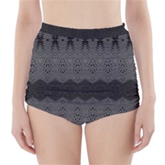 Boho Black Grey Pattern High-waisted Bikini Bottoms by SpinnyChairDesigns