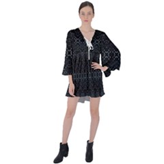 Boho Black And Silver V-neck Flare Sleeve Mini Dress by SpinnyChairDesigns