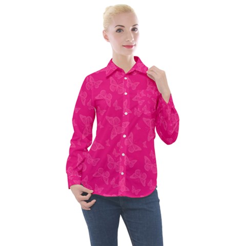 Magenta Pink Butterflies Pattern Women s Long Sleeve Pocket Shirt by SpinnyChairDesigns