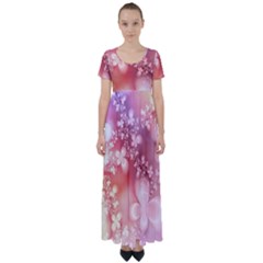 Boho Pastel Pink Floral Print High Waist Short Sleeve Maxi Dress by SpinnyChairDesigns