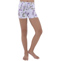 Purple Wildflower Print Kids  Lightweight Velour Yoga Shorts by SpinnyChairDesigns