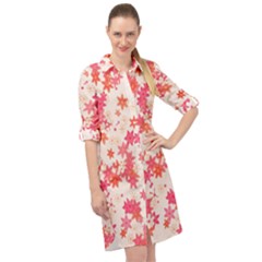Vermilion And Coral Floral Print Long Sleeve Mini Shirt Dress by SpinnyChairDesigns