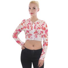 Vermilion And Coral Floral Print Long Sleeve Cropped Velvet Jacket by SpinnyChairDesigns