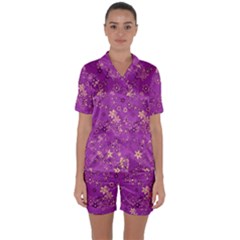 Gold Purple Floral Print Satin Short Sleeve Pyjamas Set by SpinnyChairDesigns