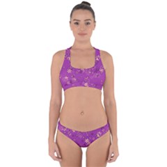 Gold Purple Floral Print Cross Back Hipster Bikini Set by SpinnyChairDesigns