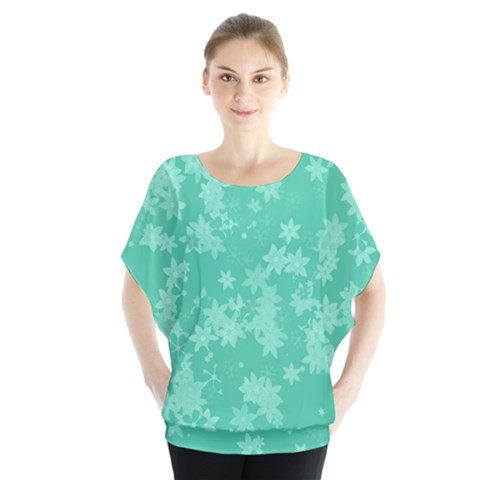 Biscay Green Floral Print Batwing Chiffon Blouse by SpinnyChairDesigns
