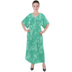 Biscay Green Floral Print V-neck Boho Style Maxi Dress by SpinnyChairDesigns
