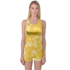 Saffron Yellow Floral Print One Piece Boyleg Swimsuit by SpinnyChairDesigns
