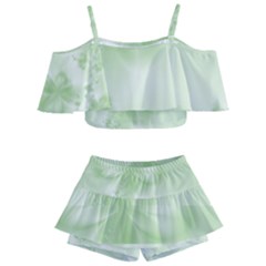 Tea Green Floral Print Kids  Off Shoulder Skirt Bikini by SpinnyChairDesigns