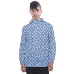 Faded Blue White Floral Print Men s Front Pocket Pullover Windbreaker by SpinnyChairDesigns